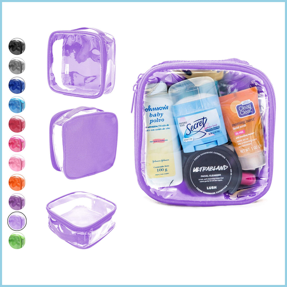 EzPacking clear toiletry bag lilac open top enables quick access to liquids.