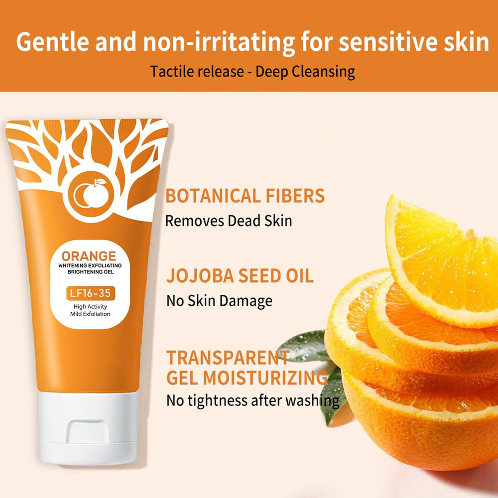 Close-up of Ezyuanchly orange exfoliating gel texture showing gentle beads.