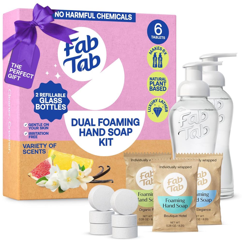 Fab Tab dual foaming bottles front view for stylish bathroom use.