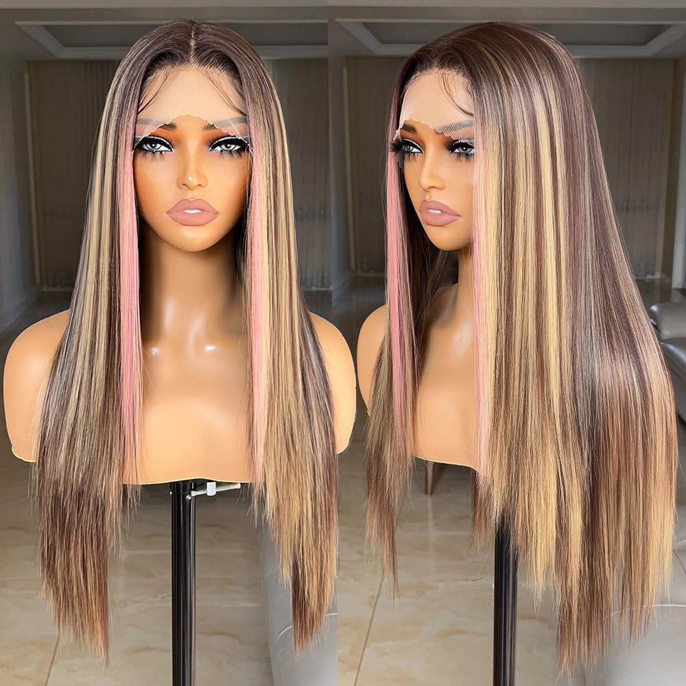 FABÉLLE pink highlight wig, 26-inch lace front for seamless daily wear.