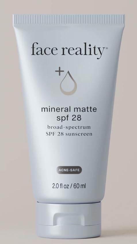 Face Reality Mineral Matte SPF28 bottle with matte finish protects against UVA/UVB for sensitive skin.