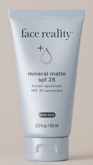 Face Reality Mineral Matte SPF28 bottle with matte finish protects against UVA/UVB for sensitive skin.