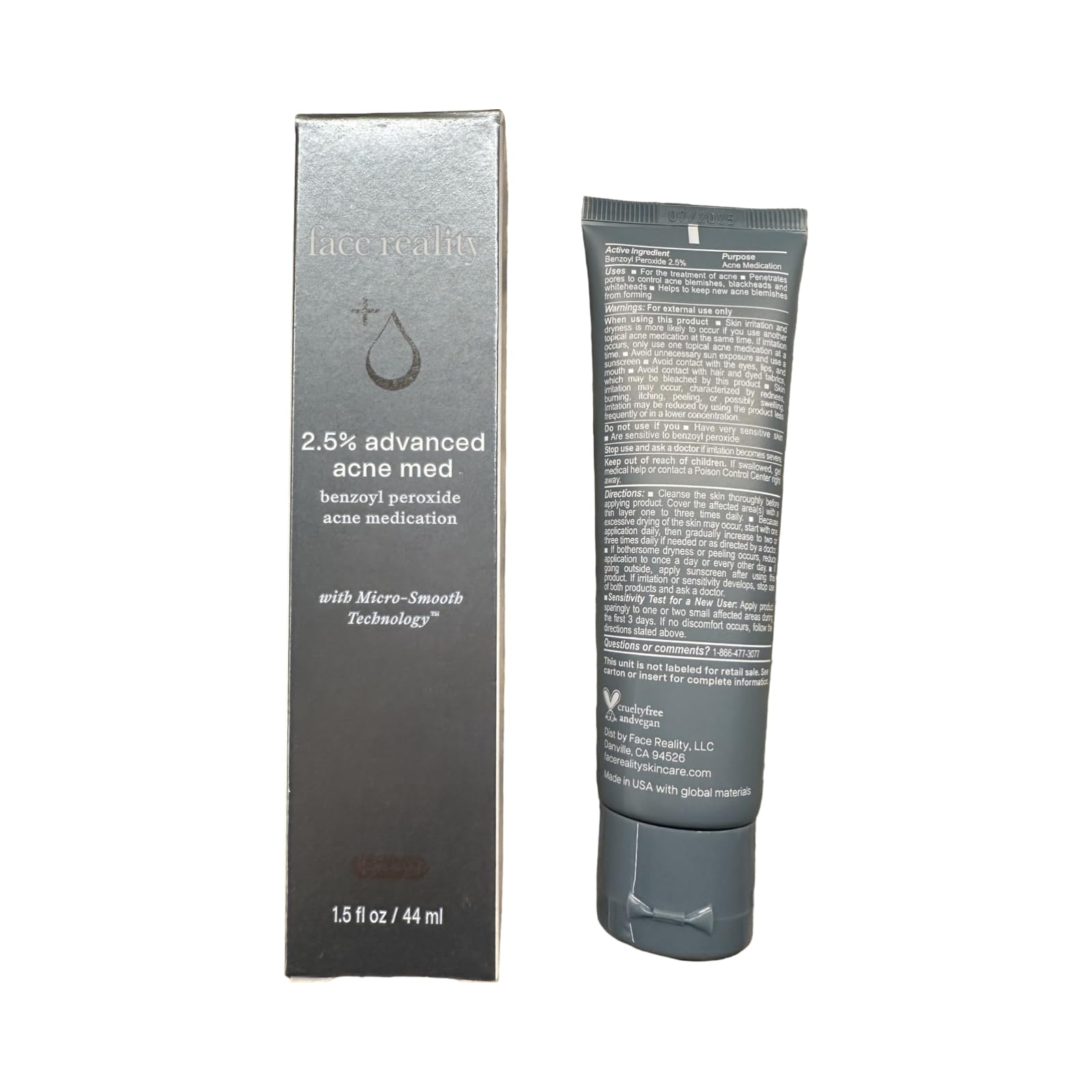 Face Reality Skincare 2,5% Acne Med – routine d’application simple pour une peau nette.