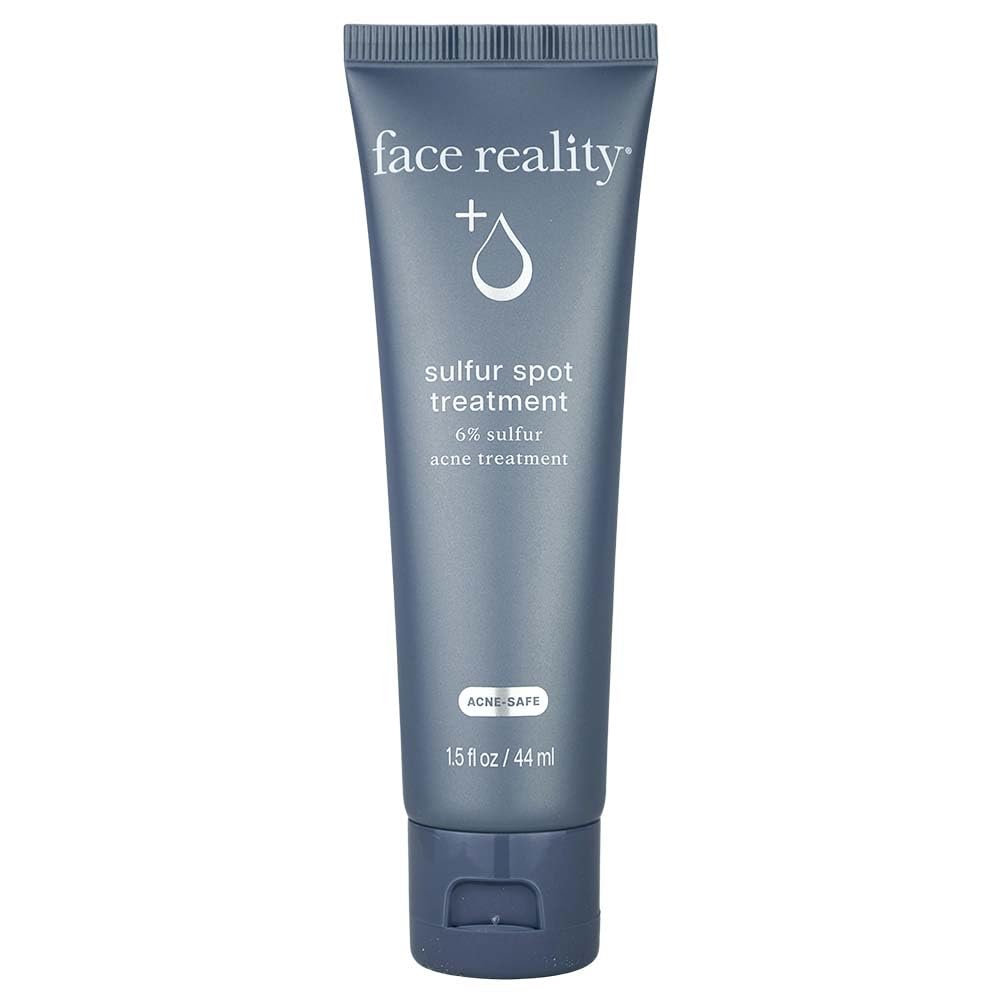 Face Reality Sulfur Spot Treatment tube targets active blemishes with a gentle, fragrance-free formula.