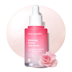 Face Republic Blooming Forever Rosé Serum bottle with a luxurious glow for skincare ritual