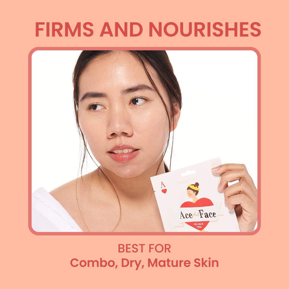 FACETORY Ace That Face Mask close-up ingredients featuring mushroom and collagen for moisture.