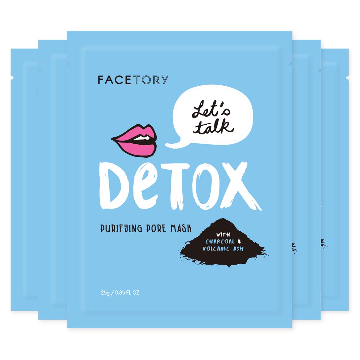 FACETORY Let’s Talk Detox charcoal sheet mask close-up showing powder texture for deep cleansing.