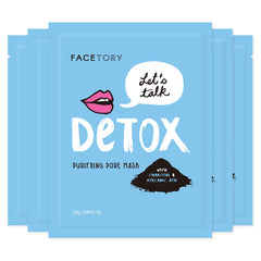 FACETORY Let’s Talk Detox charcoal sheet mask close-up showing powder texture for deep cleansing.