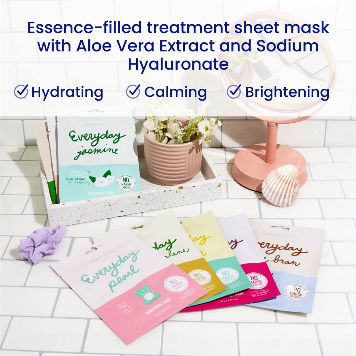 FACETORY Everyday 8 Collection sheet masks close-up showing textures and serums for hydration