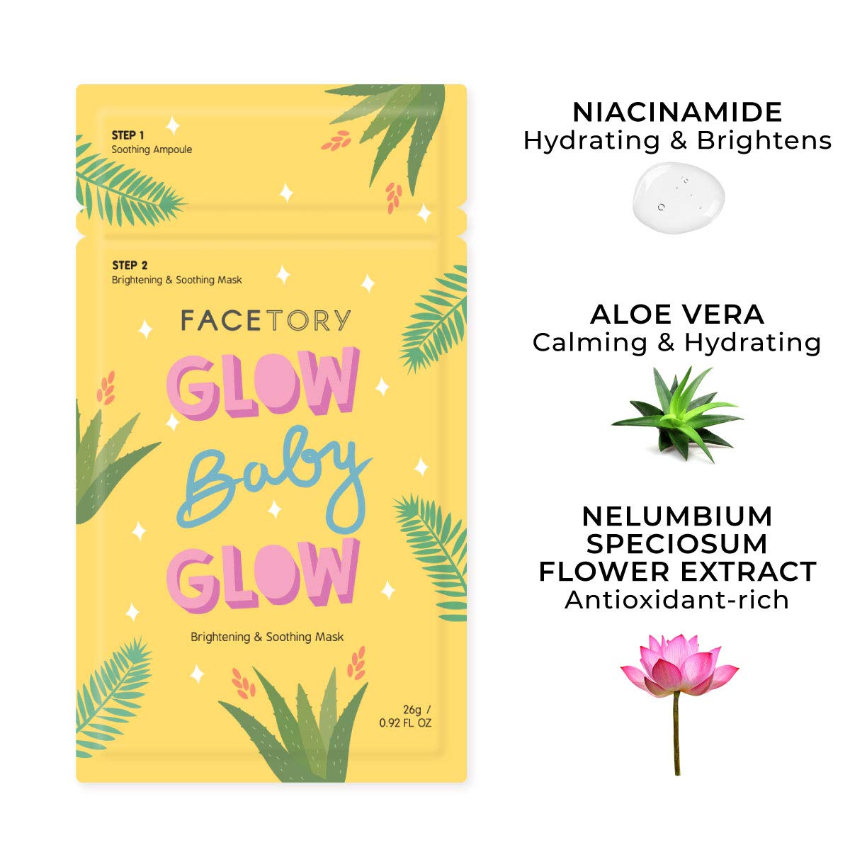 FACETORY Glow Baby Glow sheet mask drenched in hydrating essence.