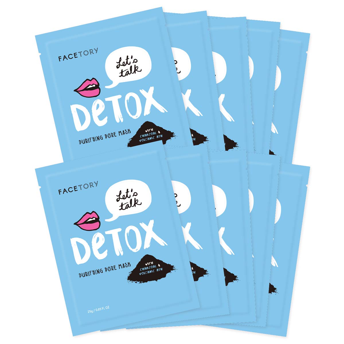 FACETORY Let's Talk Detox charcoal sheet mask close-up highlighting pore cleansing benefits.