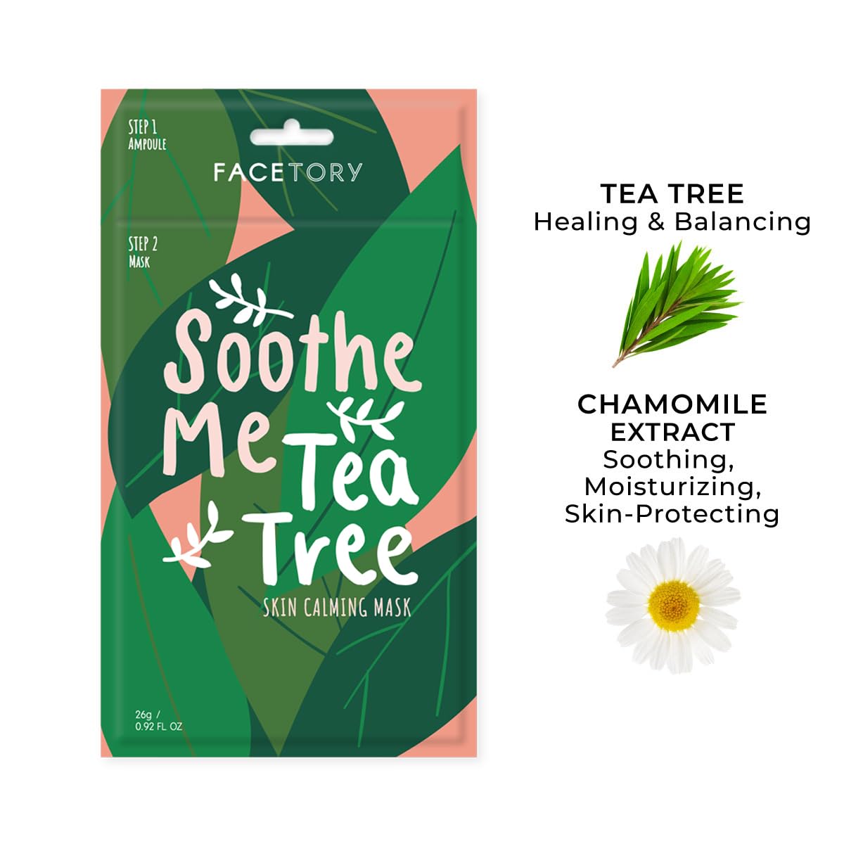 Facetory Soothe Me Tea Tree sheet mask on face provides hydration and balance