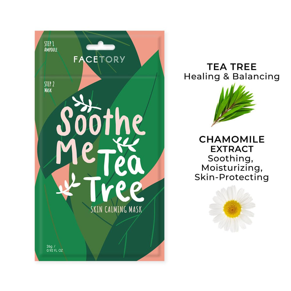 Facetory Soothe Me Tea Tree sheet mask on face provides hydration and balance