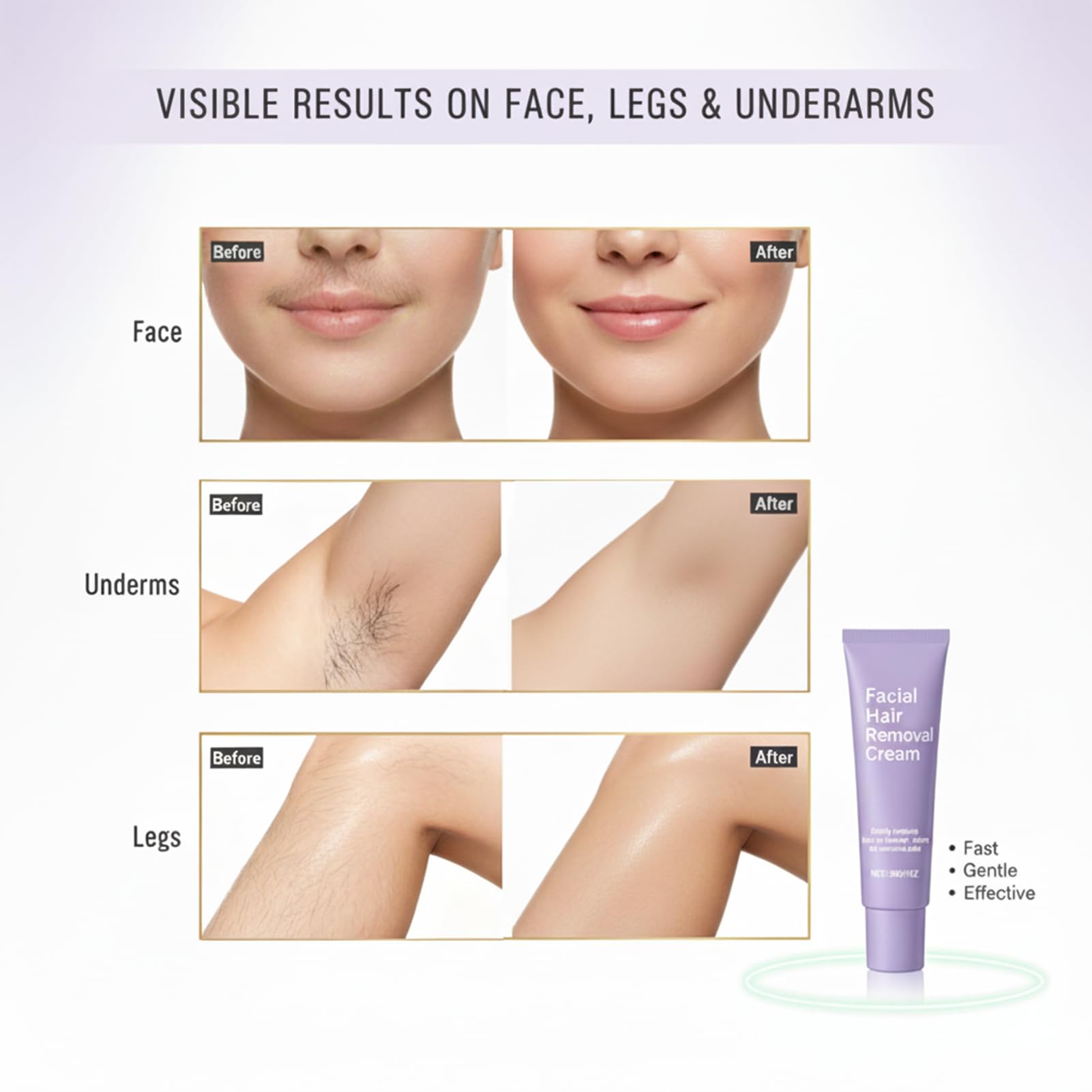 Facial Hair Removal Cream quick action timer showing 6–8 minutes.
