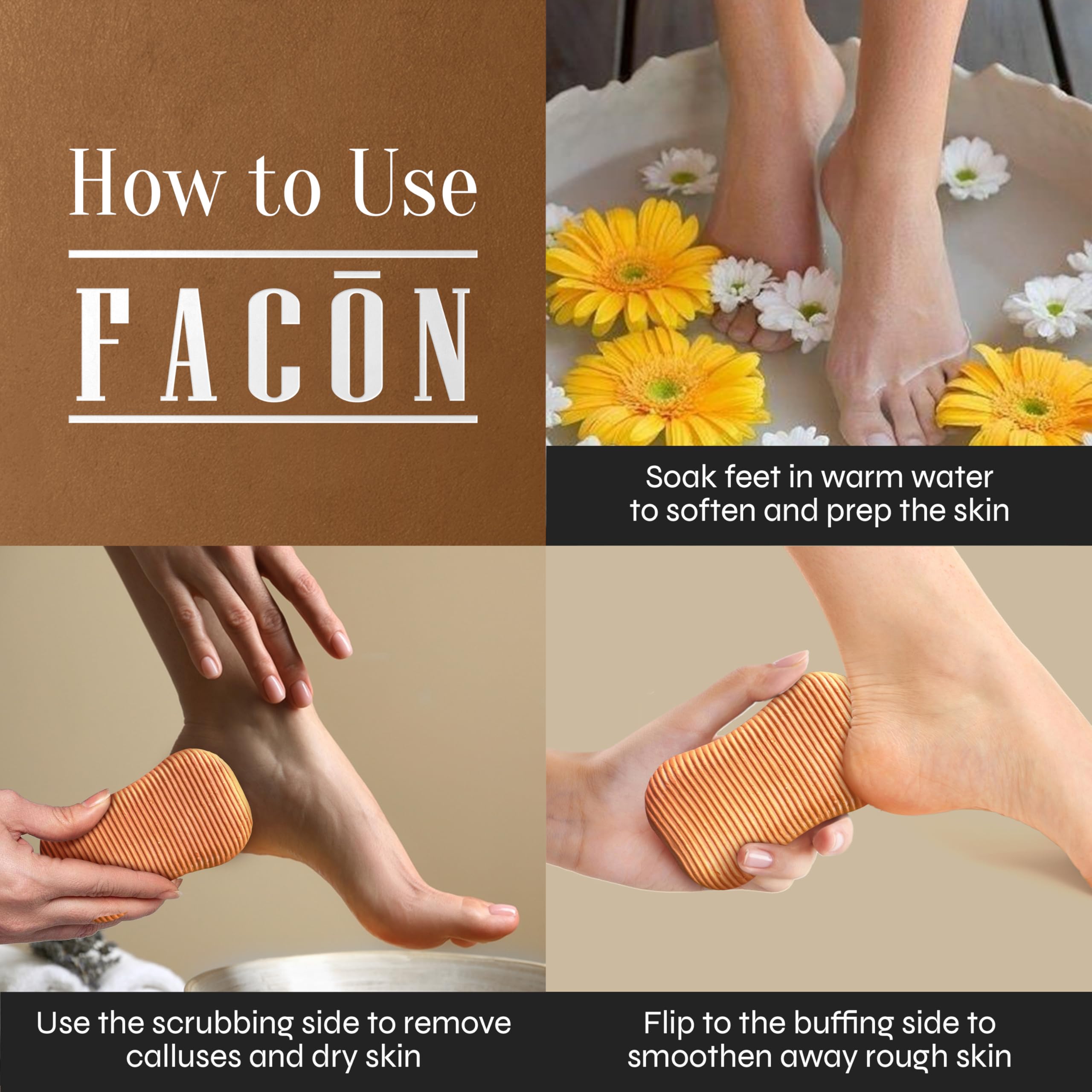 FACON pumice stone after soak routine helps renew foot texture.