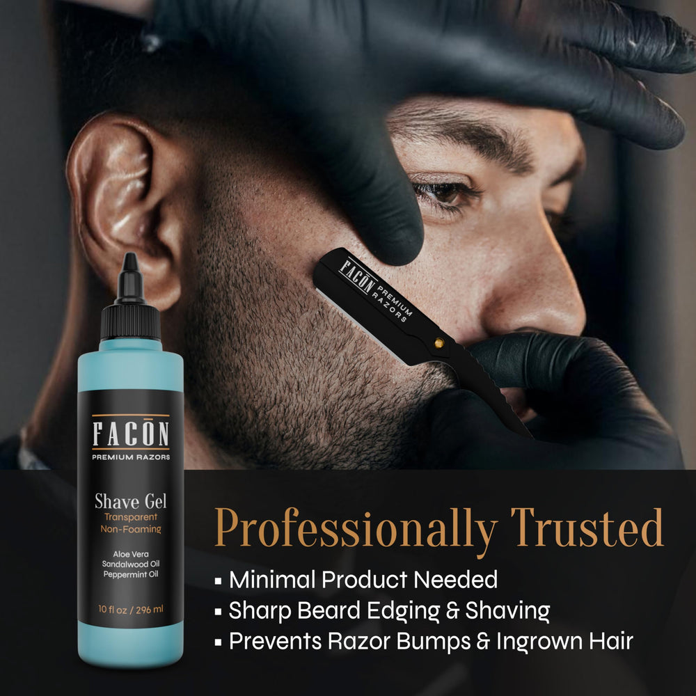 FACON transparent shaving gel sandalwood-scent close-up highlights luxurious glide
