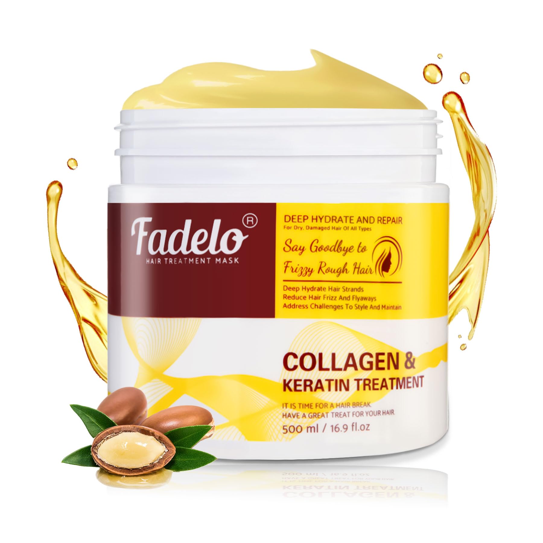 Fadelo Keratin Hair Mask bottle closeup highlighting revitalizing, damage-repairing formula