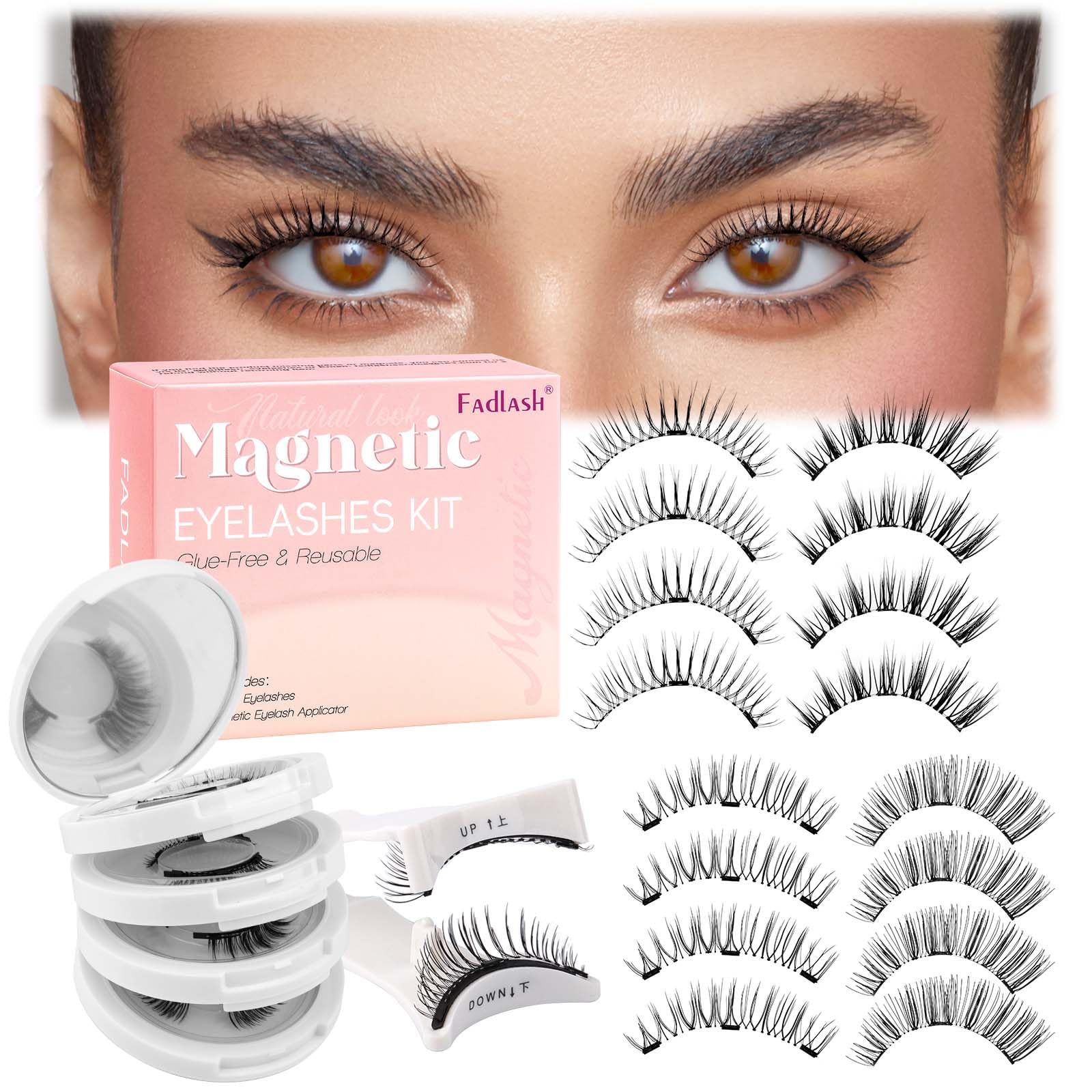 FADLASH magnetic eyelashes with applicator kit for easy, glue-free wear.