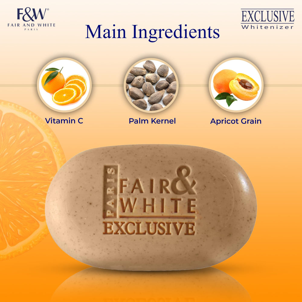 FAIR & WHITE Exfoliating Soap bar wrapped showing moisturizing formula