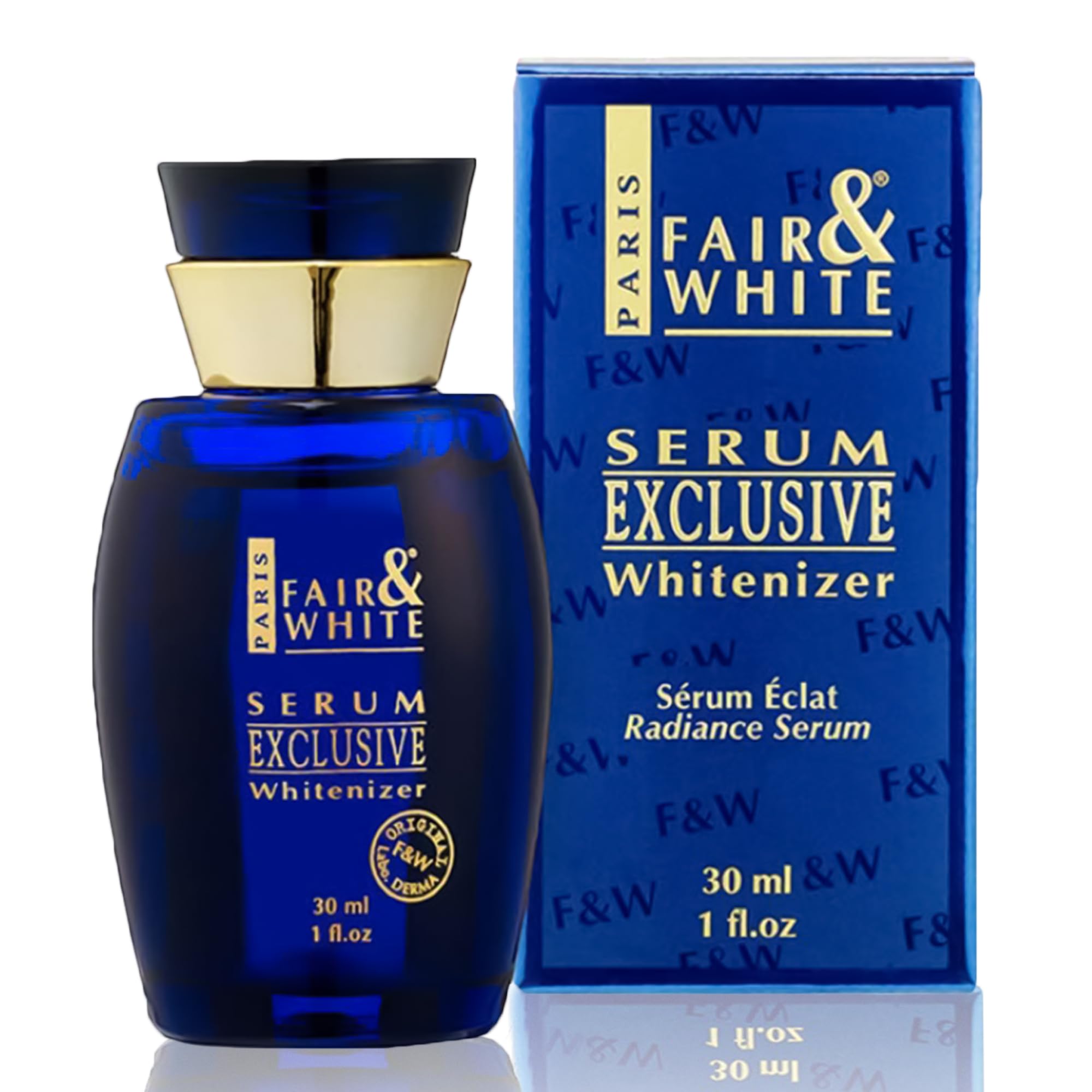 FAIR & WHITE Exclusive Serum bottle close-up, showcasing a lightweight brightening formula for daily glow.