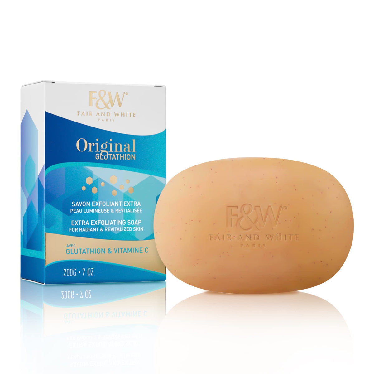 Fair & White Glutathione Exfoliating Soap bar close-up for smoother skin and even tone.