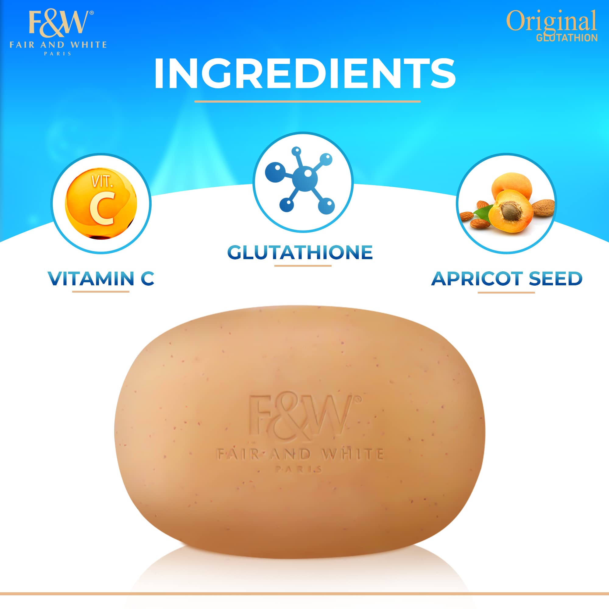 Fair & White Glutathione Exfoliating Soap ingredients with glutathione and vitamin C for clean skin.
