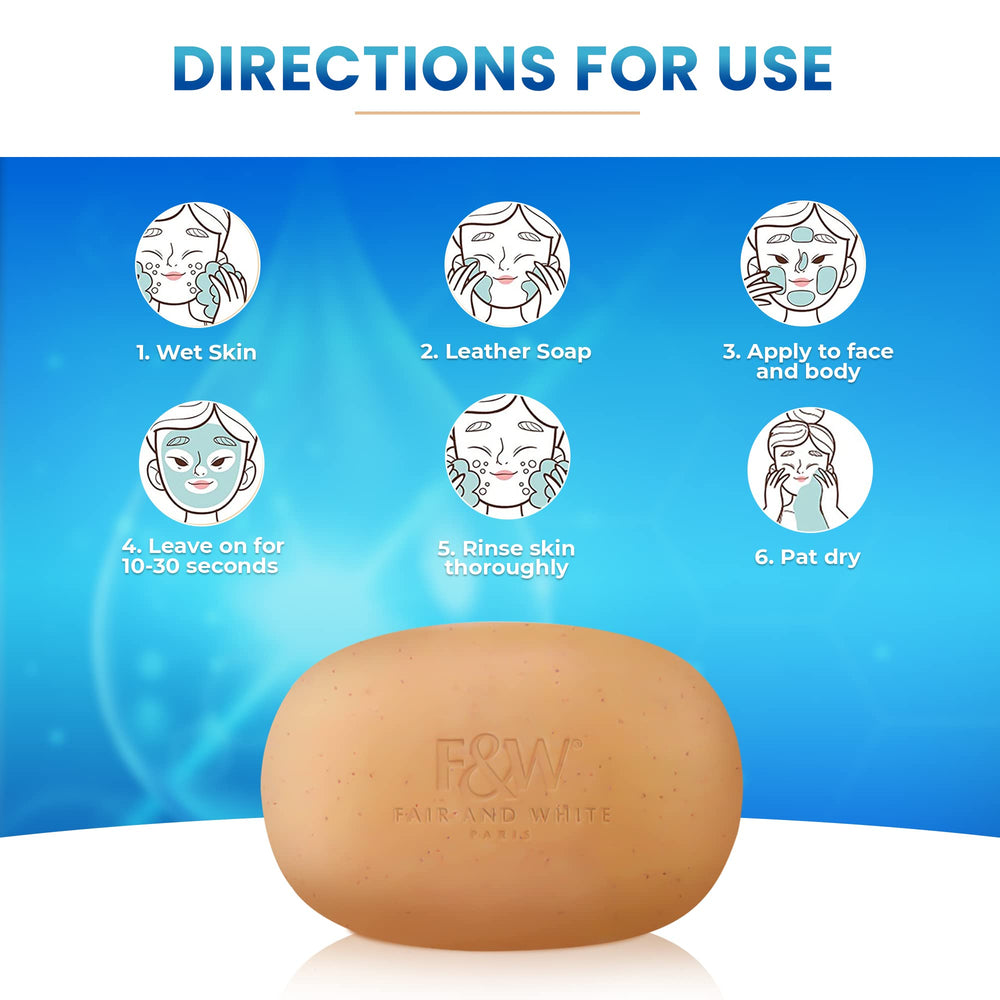 Fair & White Glutathione Exfoliating Soap packaging shown, travel-friendly skincare ritual.