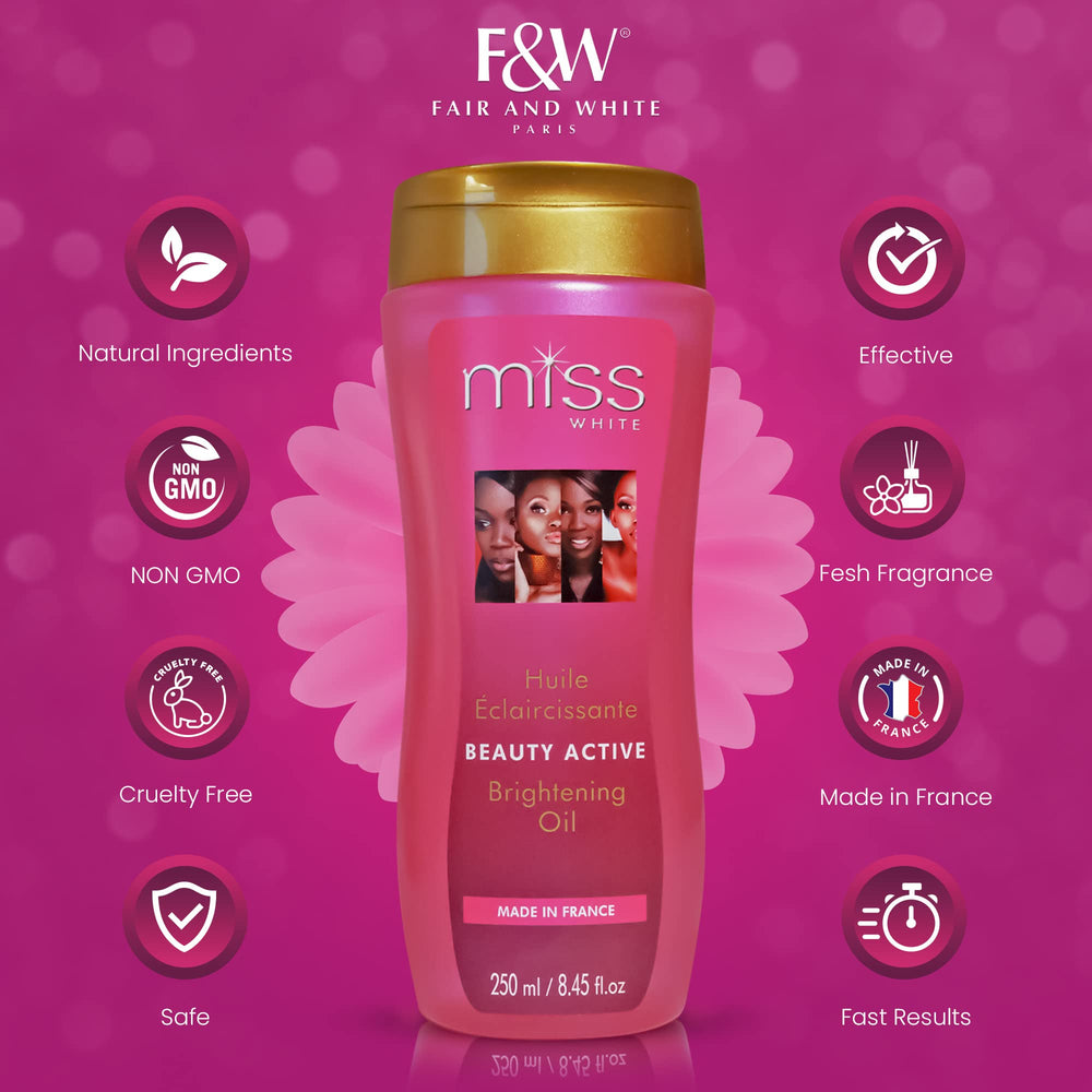 Miss White Brightening Oil ingredients feature Sweet Almond Oil and Lumiskin.