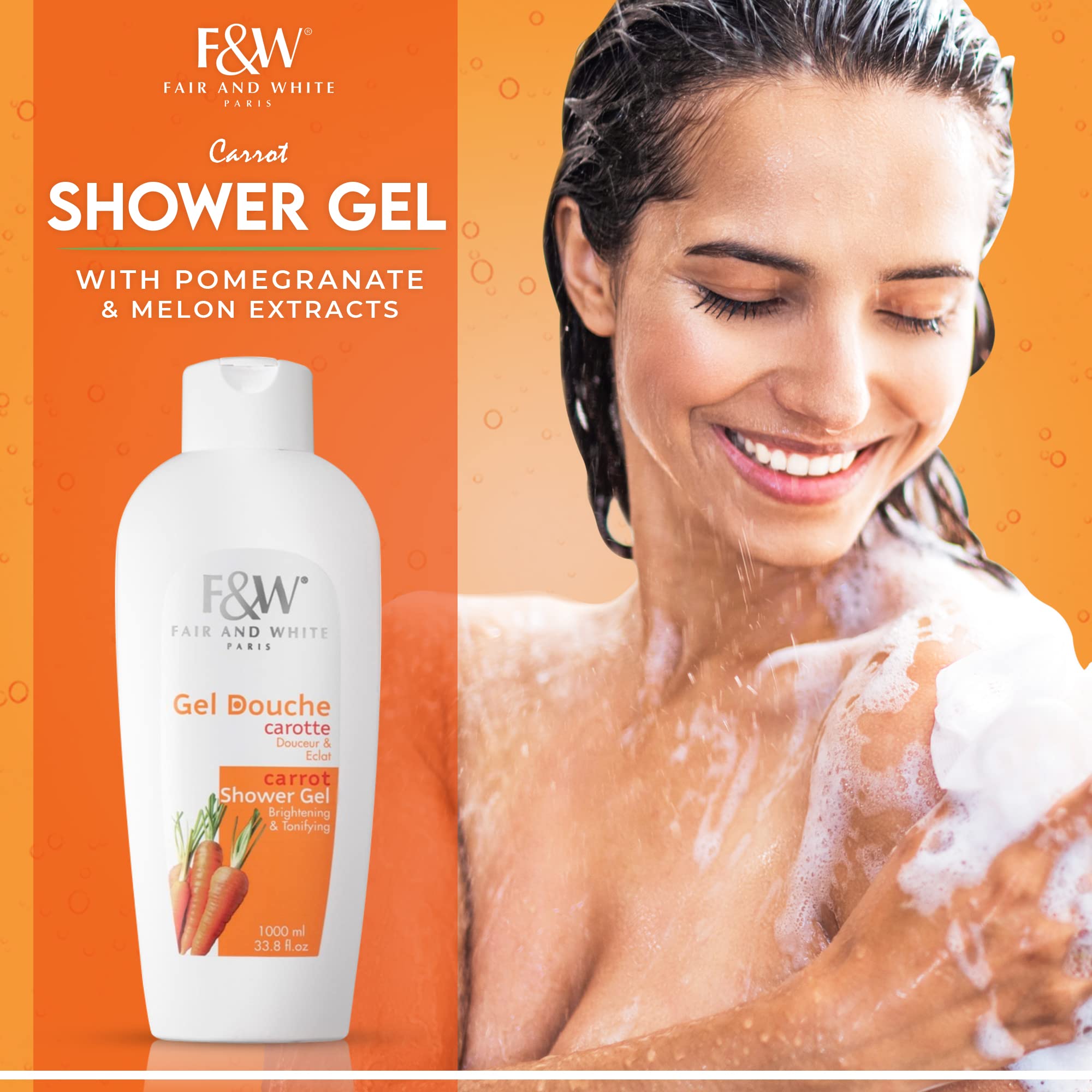 Fair & White Original Carrot Tonifying Body Wash carrot oil droplets indicate nourishing skin.