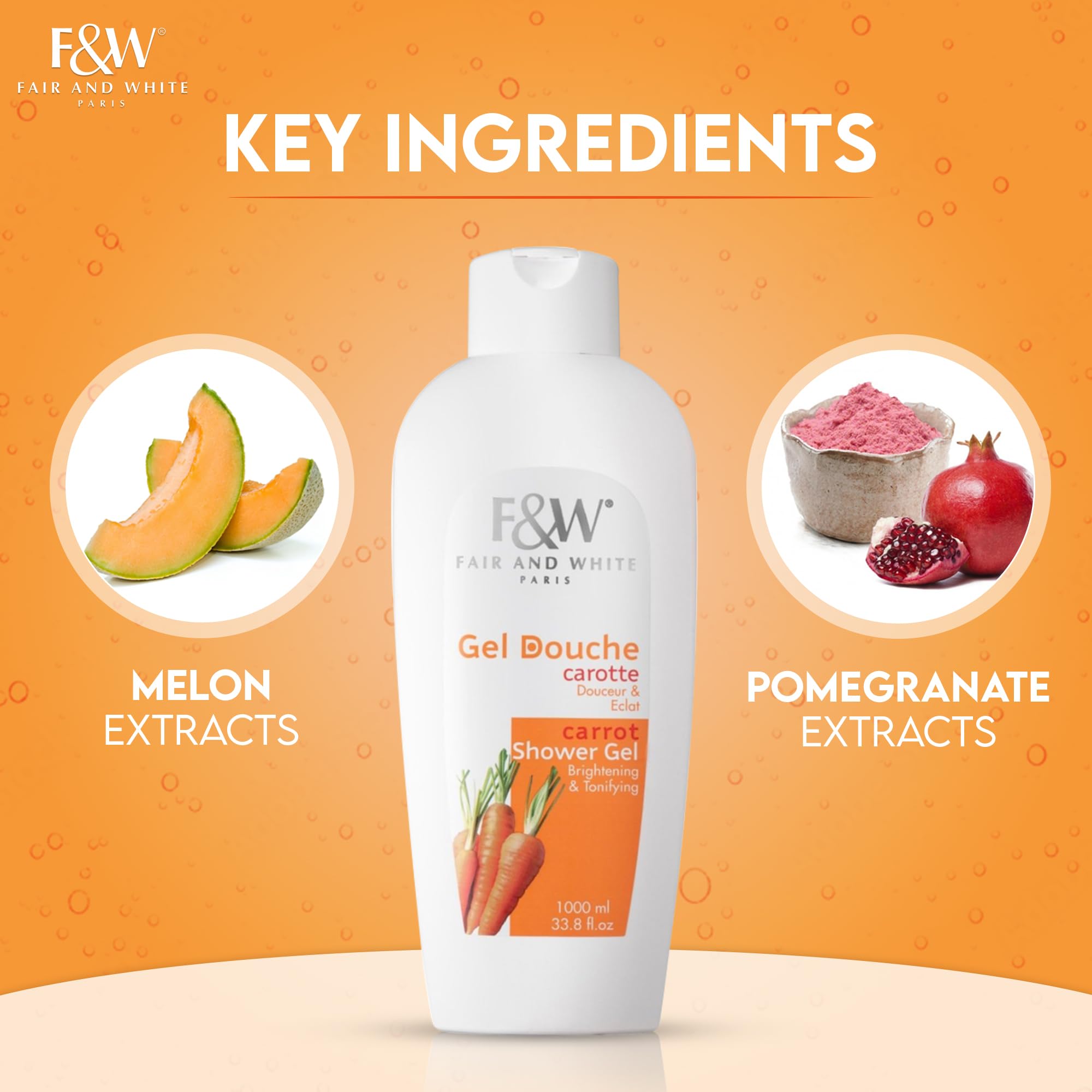 Fair & White Original Carrot Tonifying Body Wash foam close-up, delivering gentle cleansing and radiant finish.