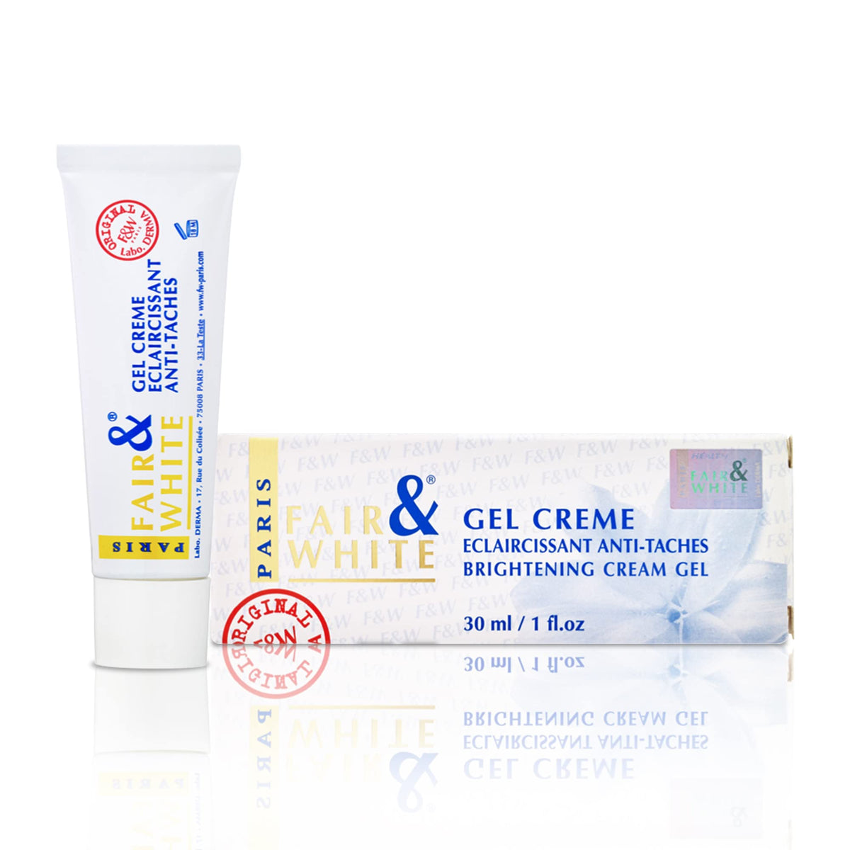 FAIR & WHITE Original Gel Cream packaging showcases a portable 30ml bottle for travel.
