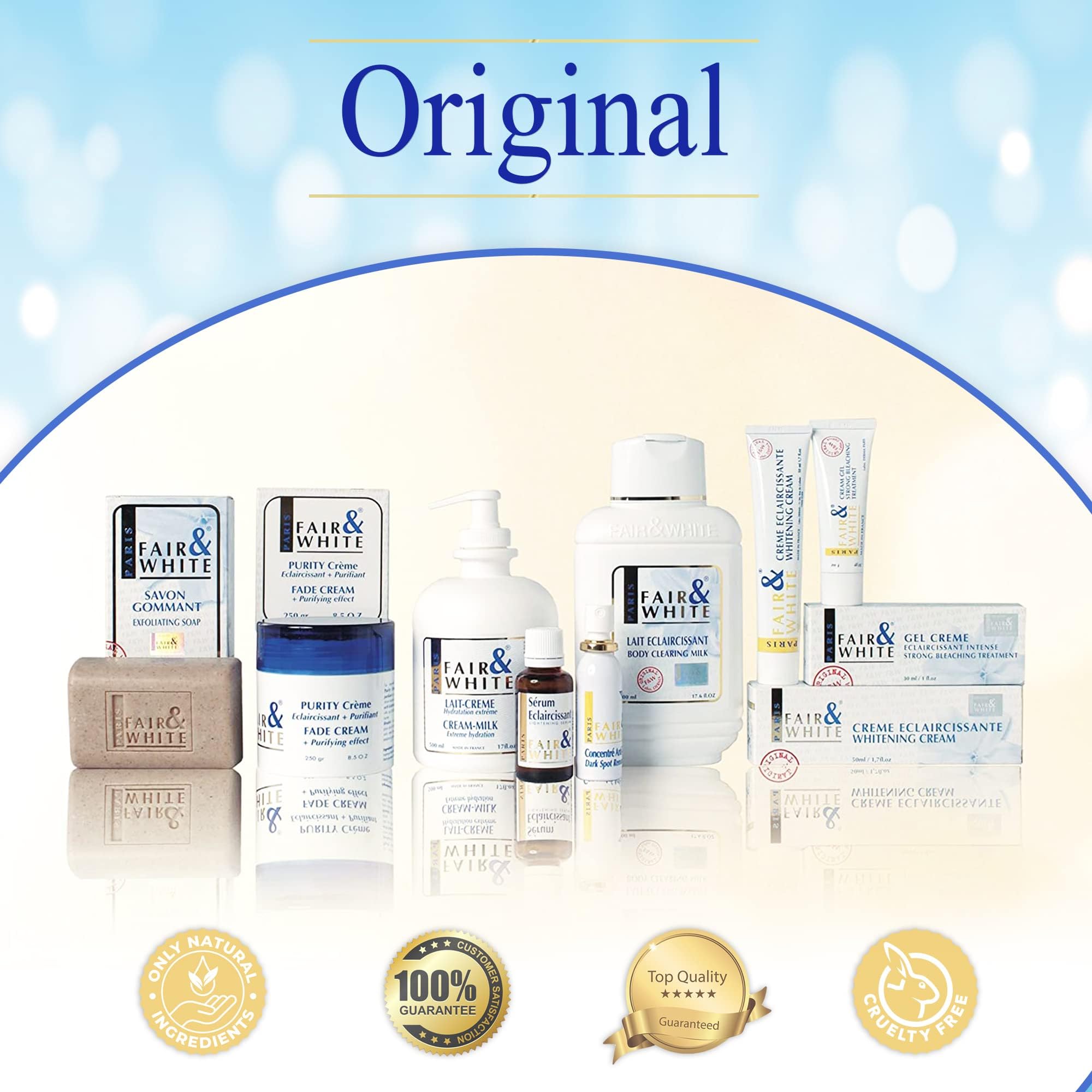 FAIR & WHITE Original Gel Cream used with SPF 50 for daily protection.