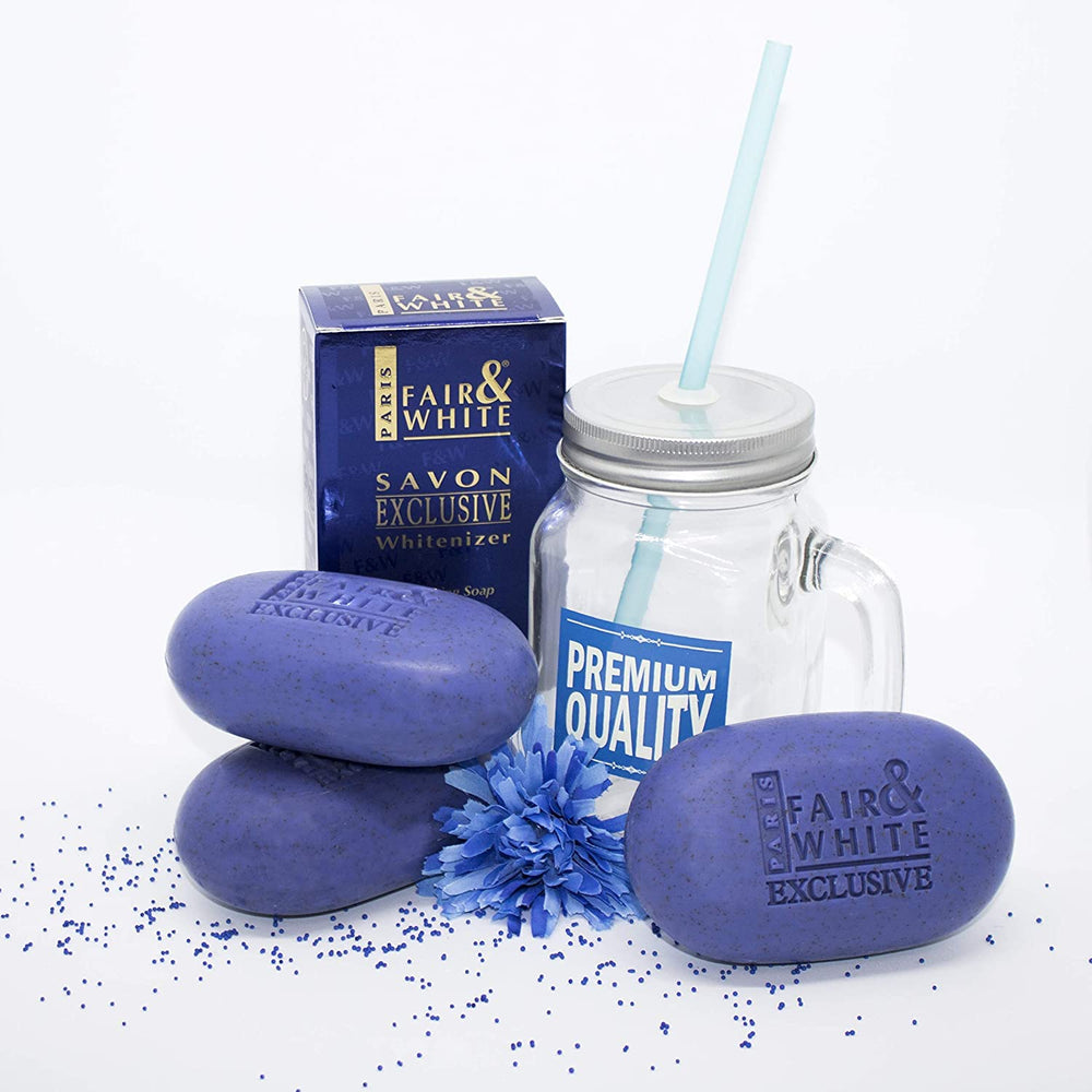 FAIR & WHITE packaging front label showcasing premium exfoliating soap.