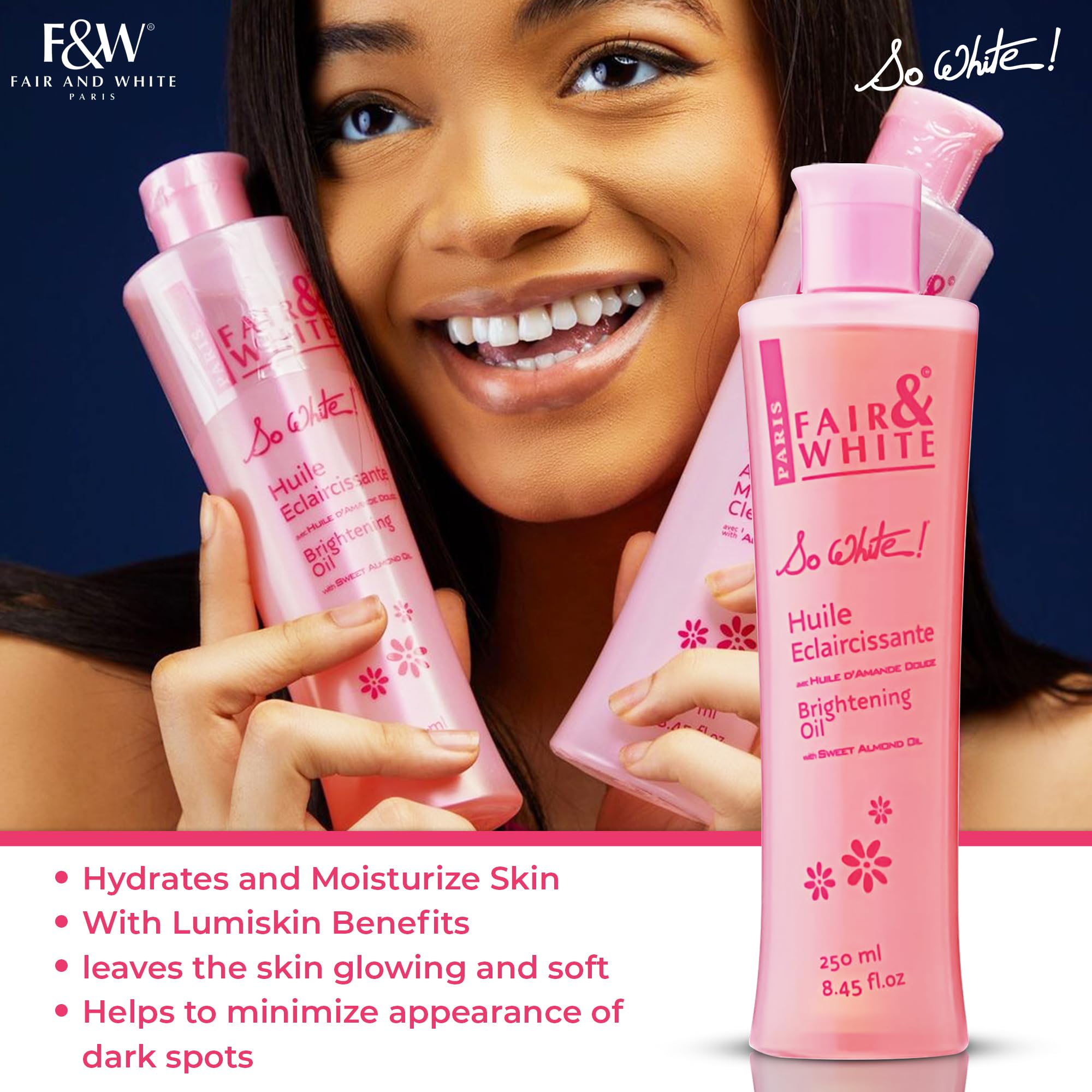 FAIR & WHITE So White Body Oil pour shot reveals silky, fast-absorbing texture.