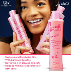 FAIR & WHITE So White Body Oil pour shot reveals silky, fast-absorbing texture.