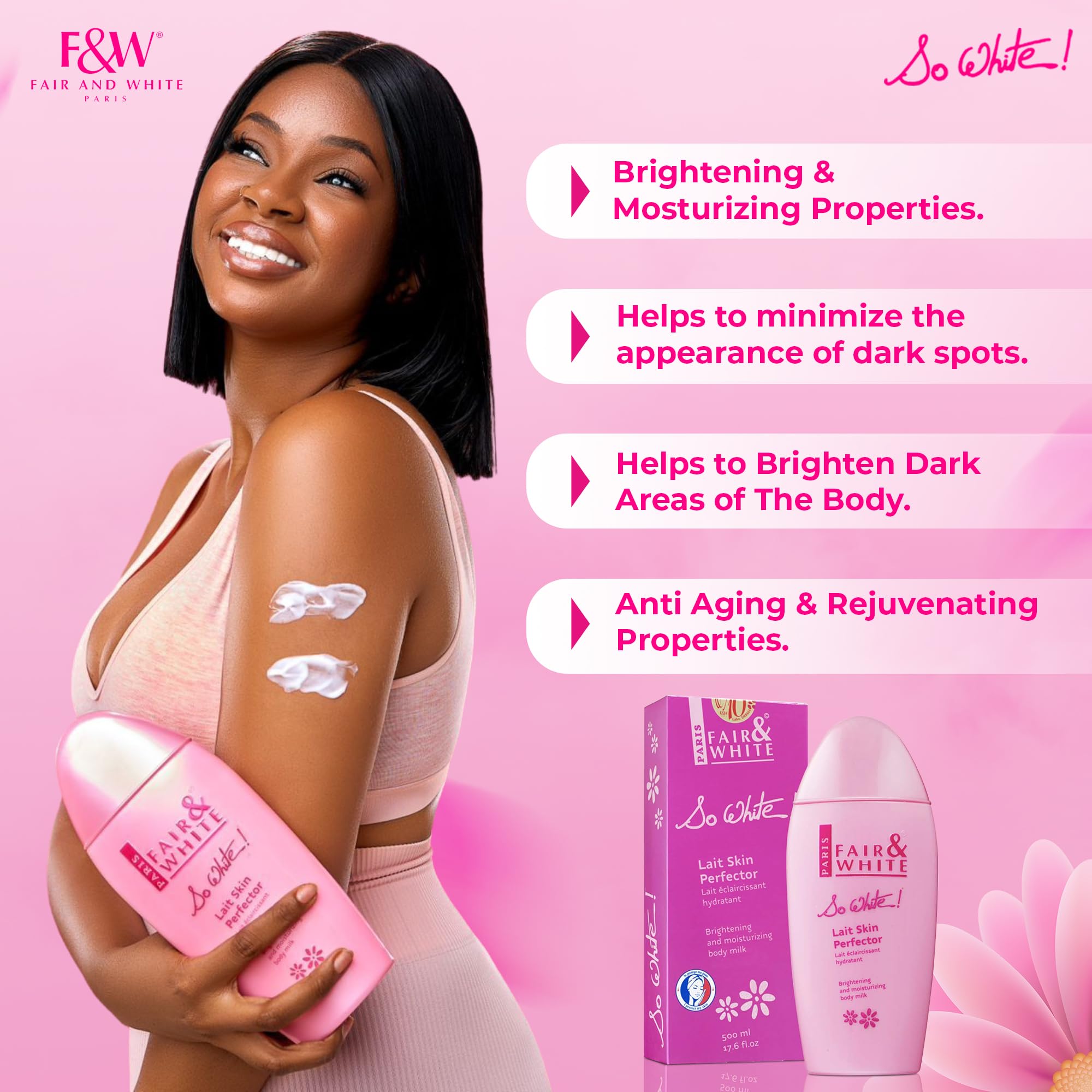 FAIR & WHITE So White lotion pump closeup emphasizing easy application.