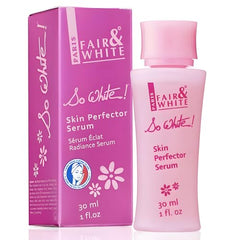 FAIR & WHITE So White serum bottle highlights a brightening formula for even skin tone.