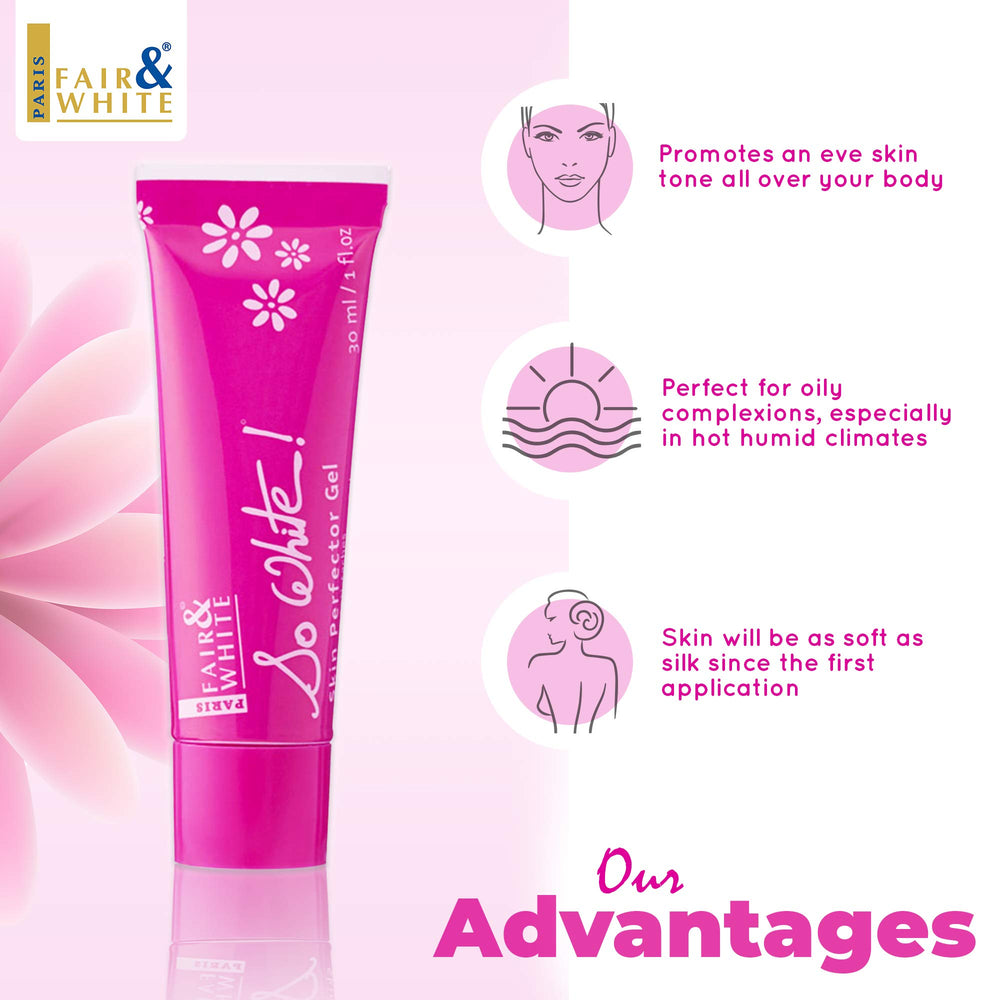 FAIR & WHITE So White Skin Perfector Gel packaging in elegant French design.