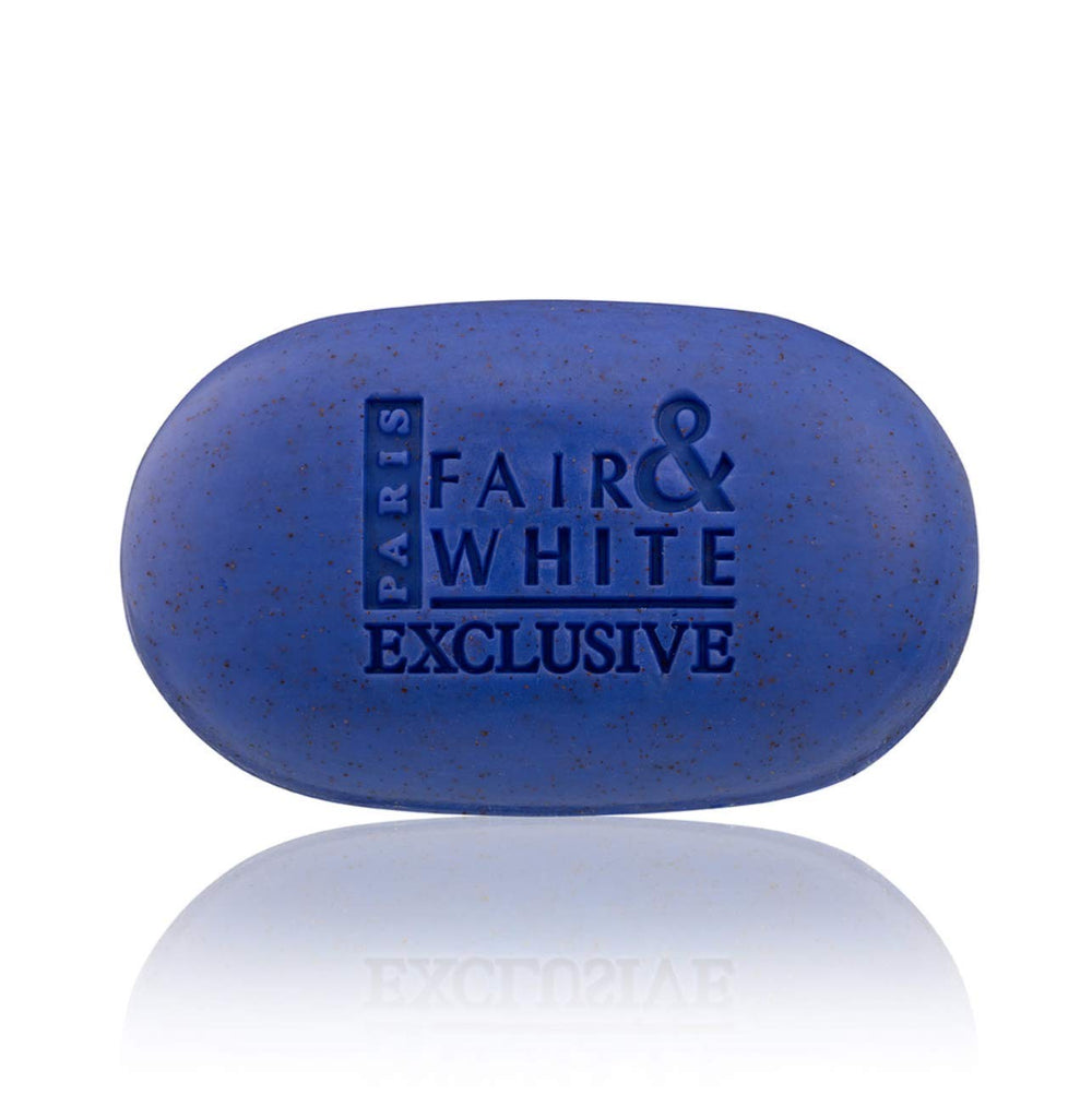 FAIR & WHITE water splash on soap bar suggesting refreshing cleanse.