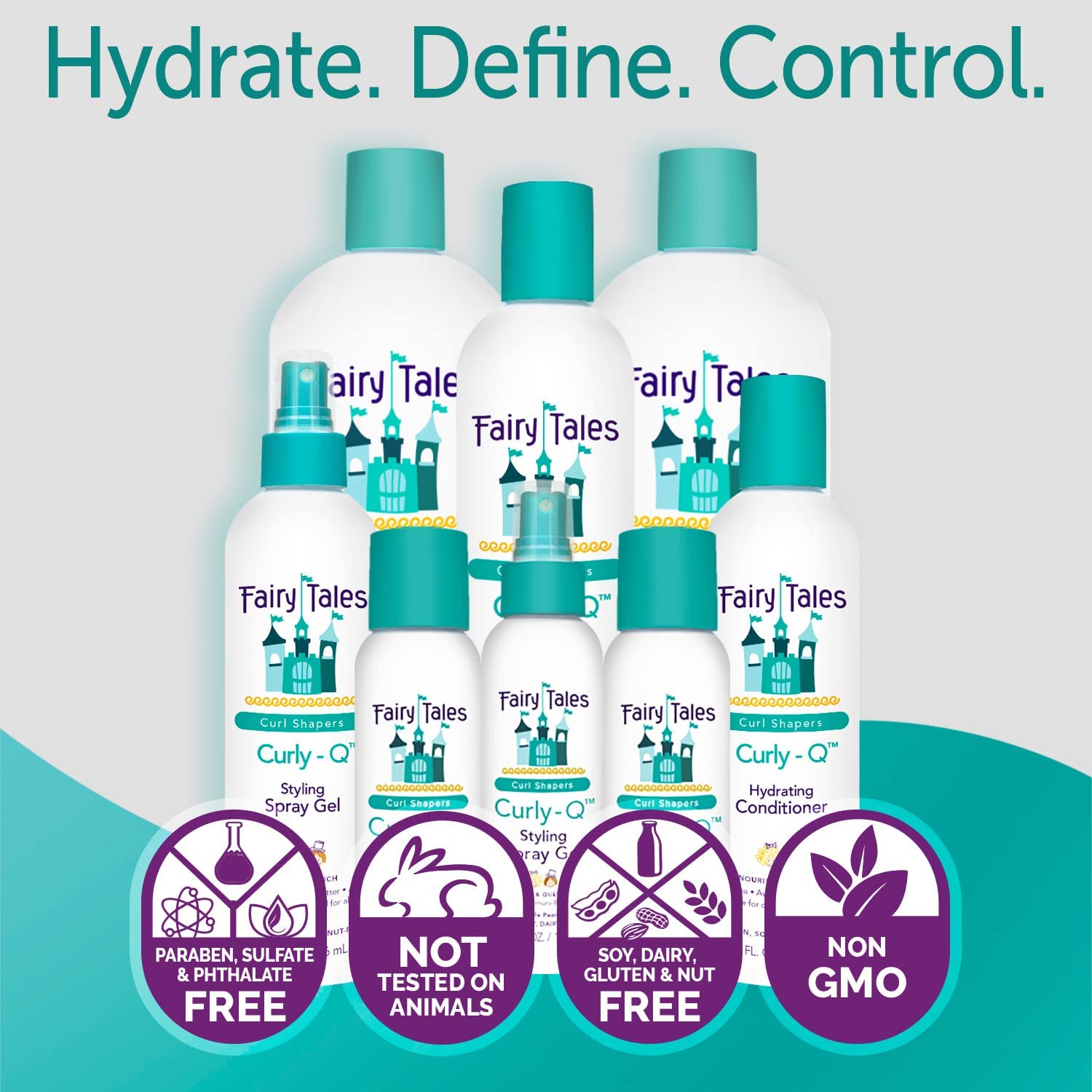 Fairy Tales Curly-Q daily-use bottle supports easy, non-greasy hair care.
