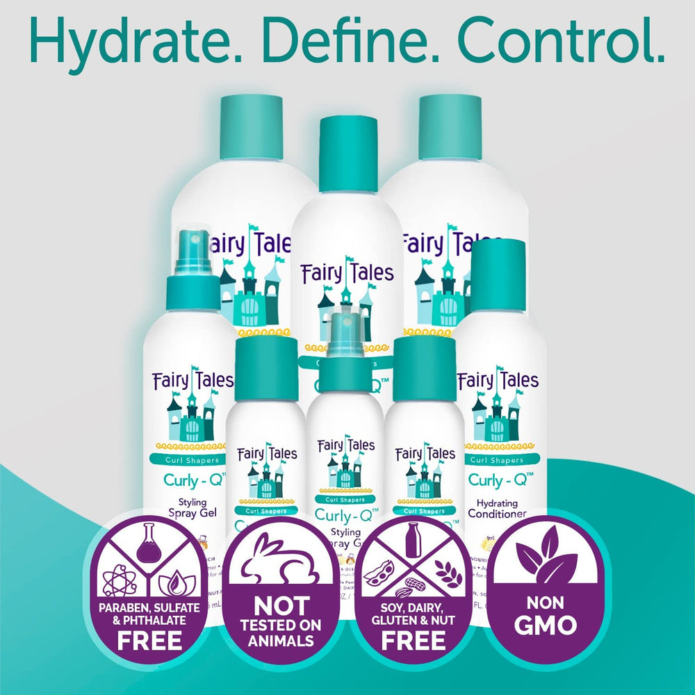 Fairy Tales Curly-Q daily-use bottle supports easy, non-greasy hair care.
