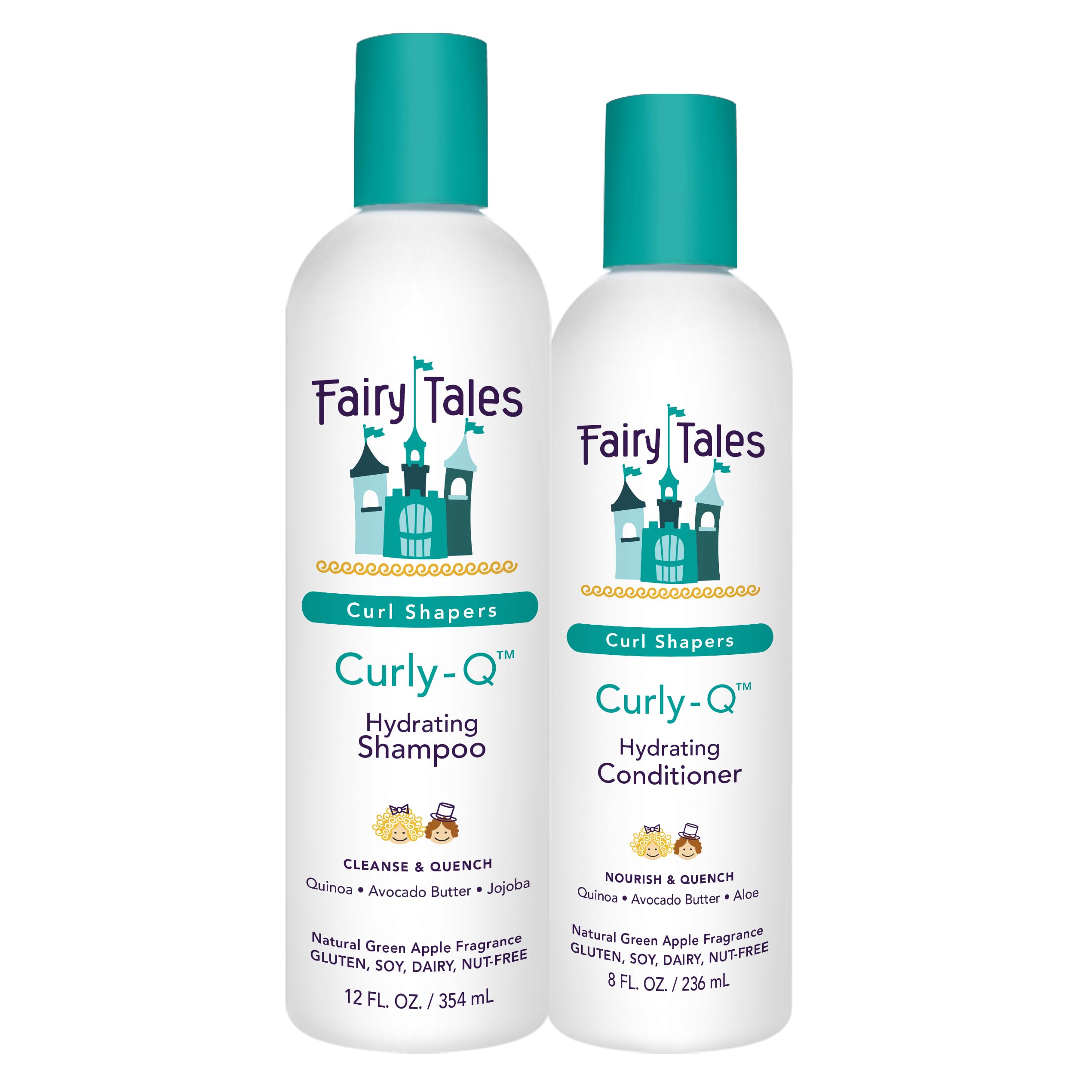 Fairy Tales Curly Q shampoo bottle for kids showing gentle hydration.