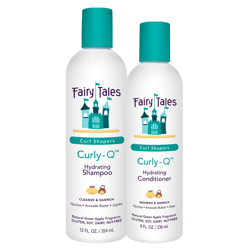 Fairy Tales Curly Q shampoo bottle for kids showing gentle hydration.