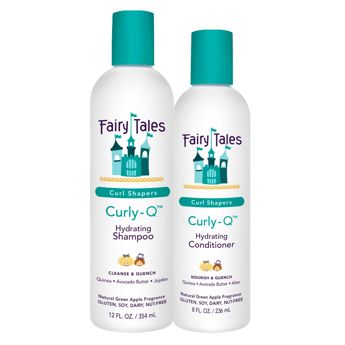 Fairy Tales Curly Q shampoo bottle for kids showing gentle hydration.