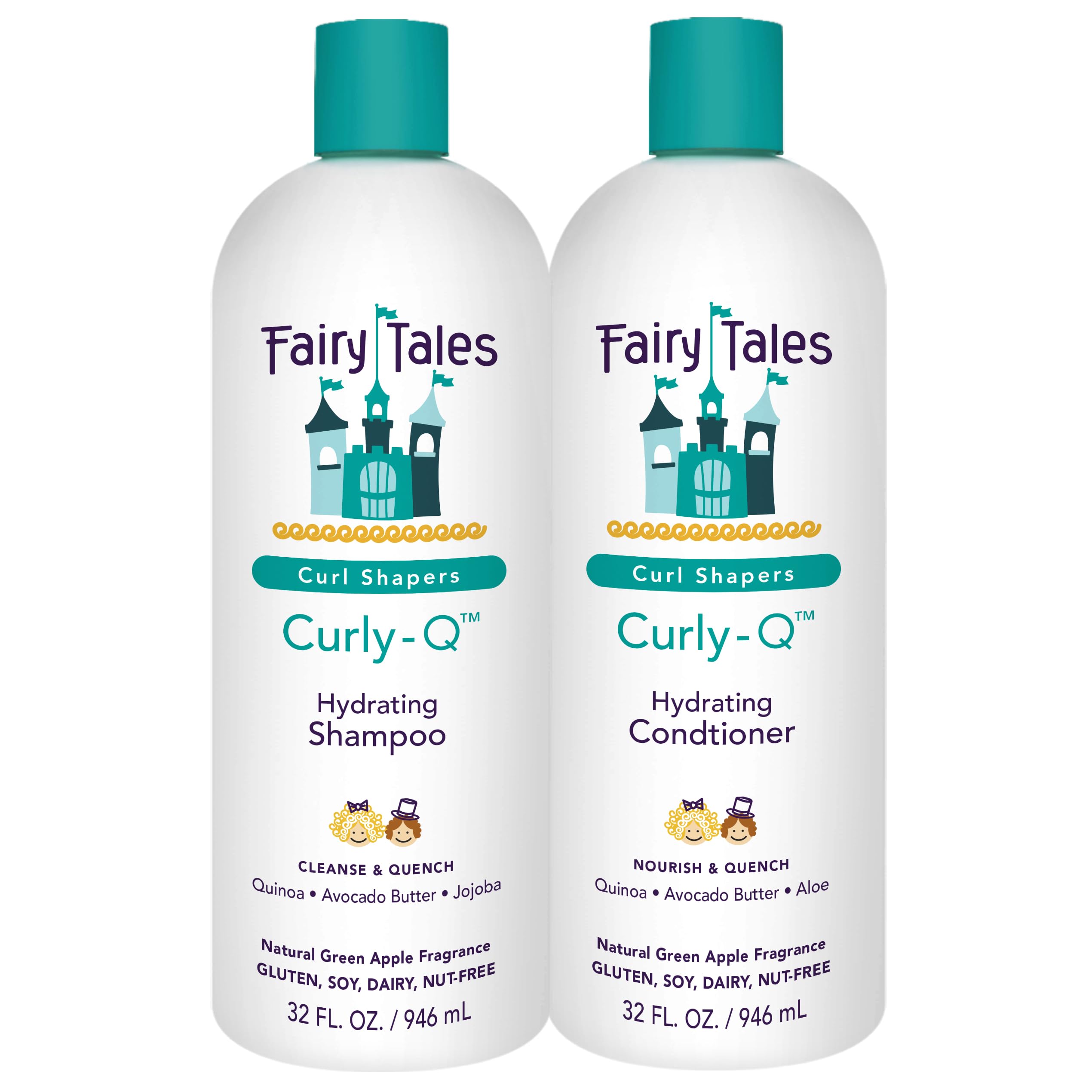 Fairy Tales Curly-Q shampoo bottle promotes hydrated, defined kids' curls.