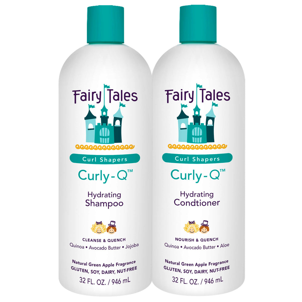 Fairy Tales Curly-Q shampoo bottle promotes hydrated, defined kids' curls.