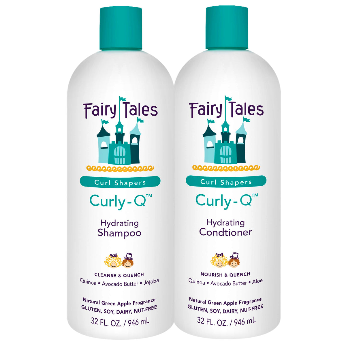 Fairy Tales Curly-Q shampoo bottle promotes hydrated, defined kids' curls.