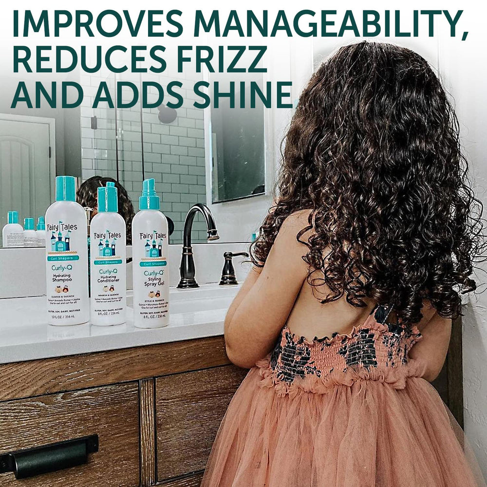 Fairy Tales Curly Q spray gel bottle applying lightweight hold for frizz control