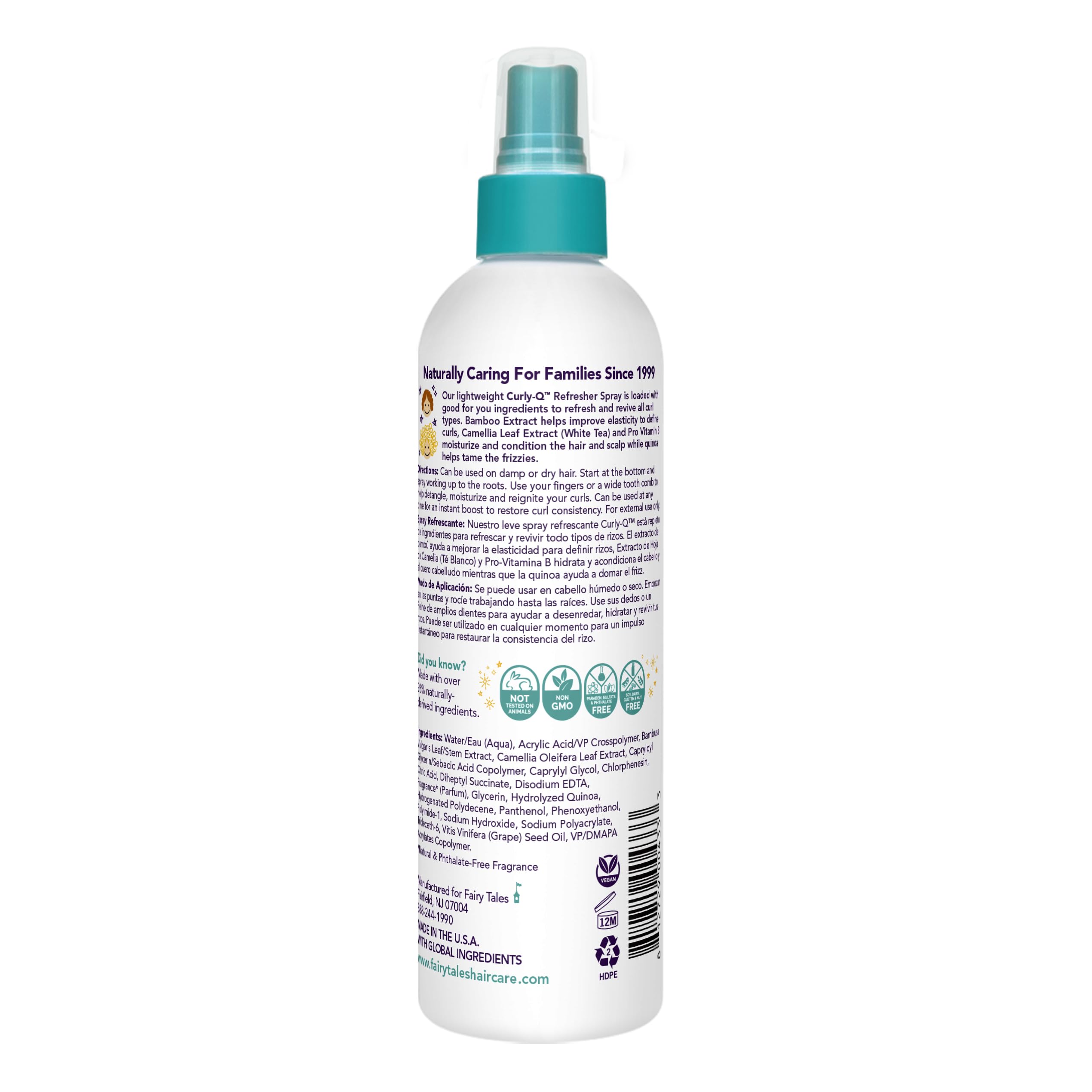 Fairy Tales Curly-Q spray mist on curls for quick refresh and bounce.