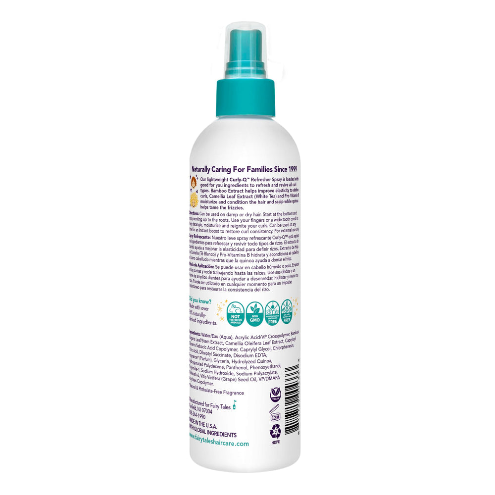 Fairy Tales Curly-Q spray mist on curls for quick refresh and bounce.